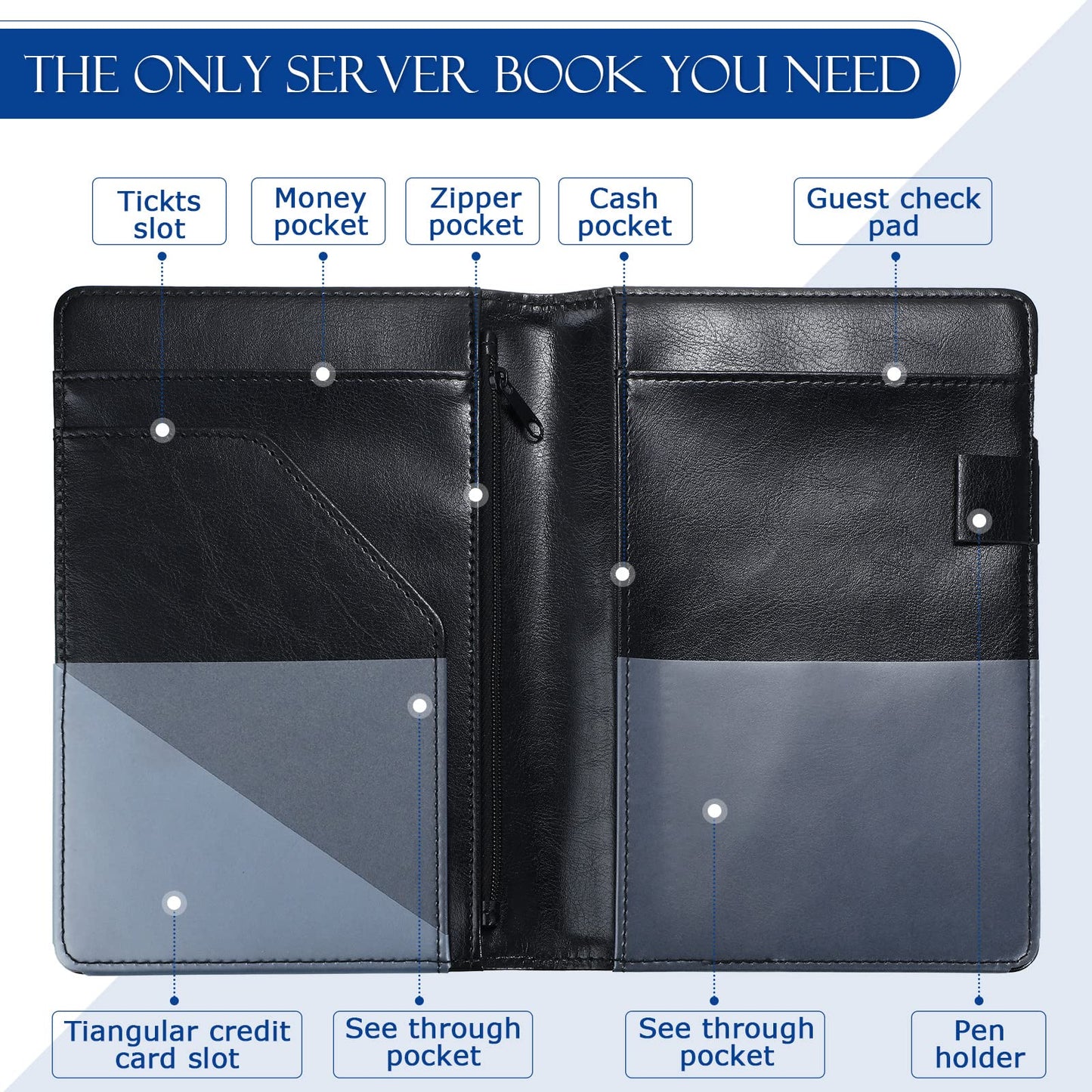 Containlol 6 Pcs Waitress Server Books Guest Book Pad Leather Money Organizer Wallet Organizer Waiter Cash Check Bill Receipt Holder with Pocket for Waitstaff Fit Apron(Classic Style)
