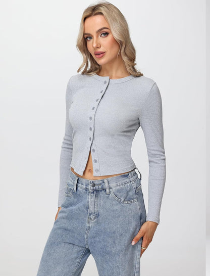 Womens Long Sleeve Tops Fall Lightweight Cardigan Cropped Going Out Shirts Ribbed Button Down Cute Trendy 2025