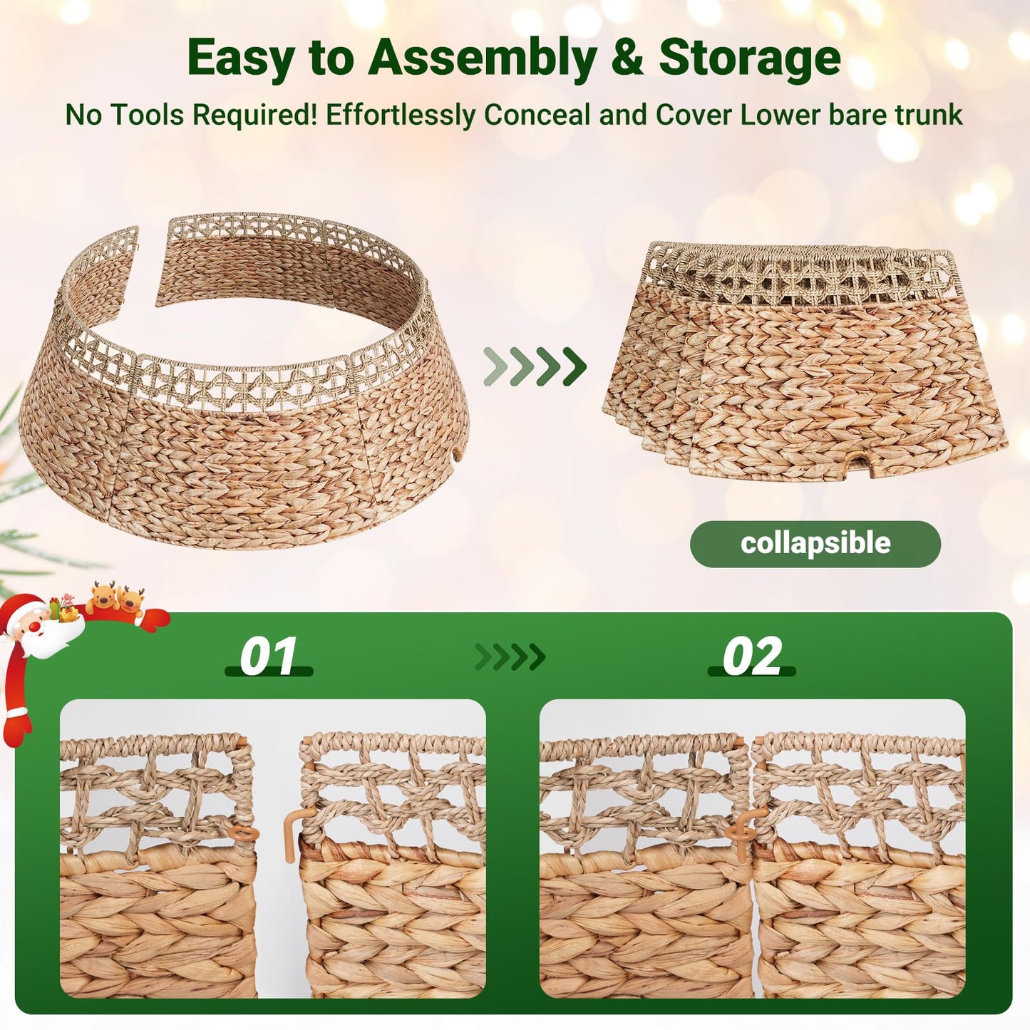 ELYKEN 33 Inch Woven Rattan Christmas Tree Collar, Stylish Seagrass & Water Hyacinth Xmas Tree Skirt for Artificial Trees, Wicker Tree Base Cover with Cord Cut-Out Farmhouse Tree Ring for Home Decor