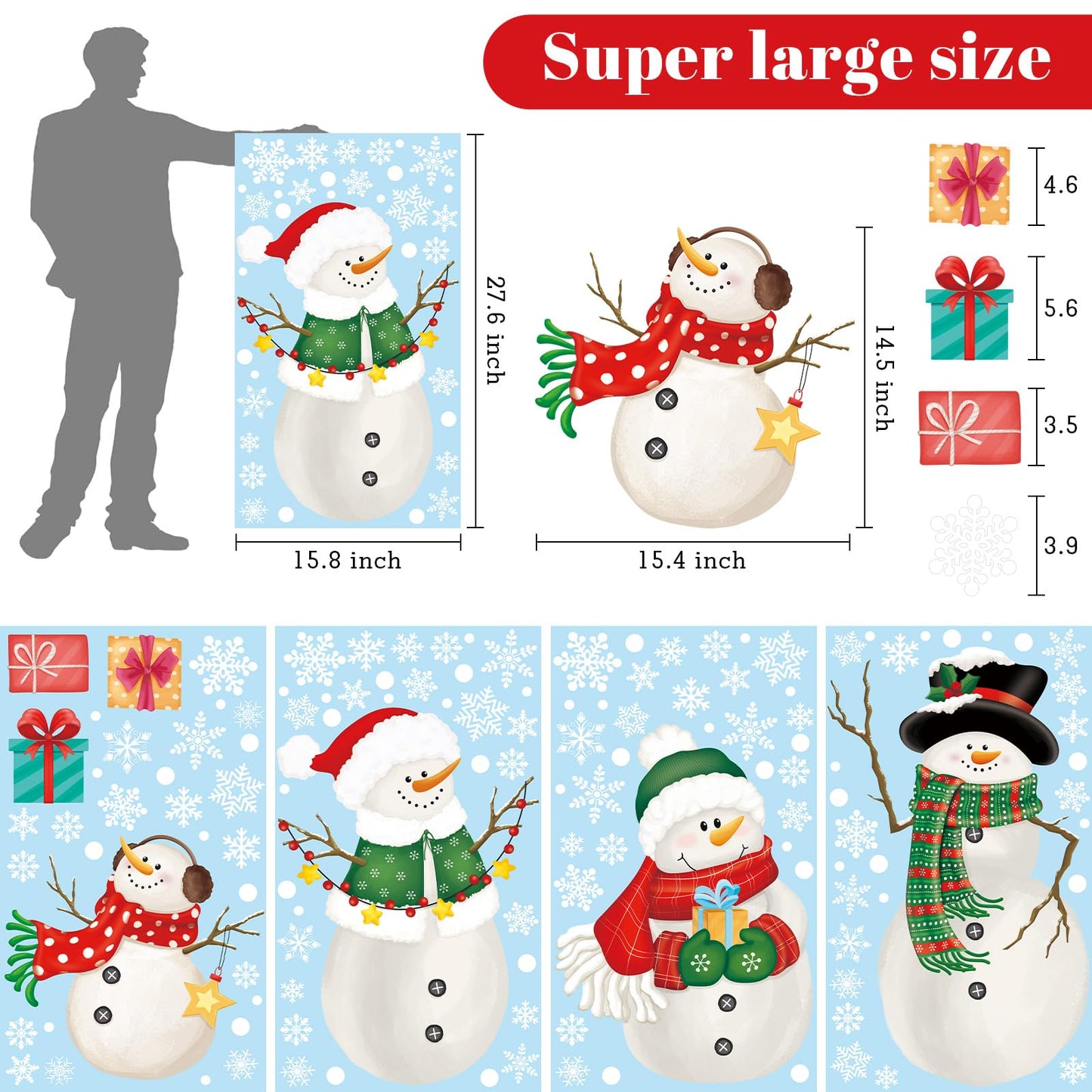 128 PCS Large Christmas Window Clings Snowman Snowflake Stcikers for Christmas Window Decorations
