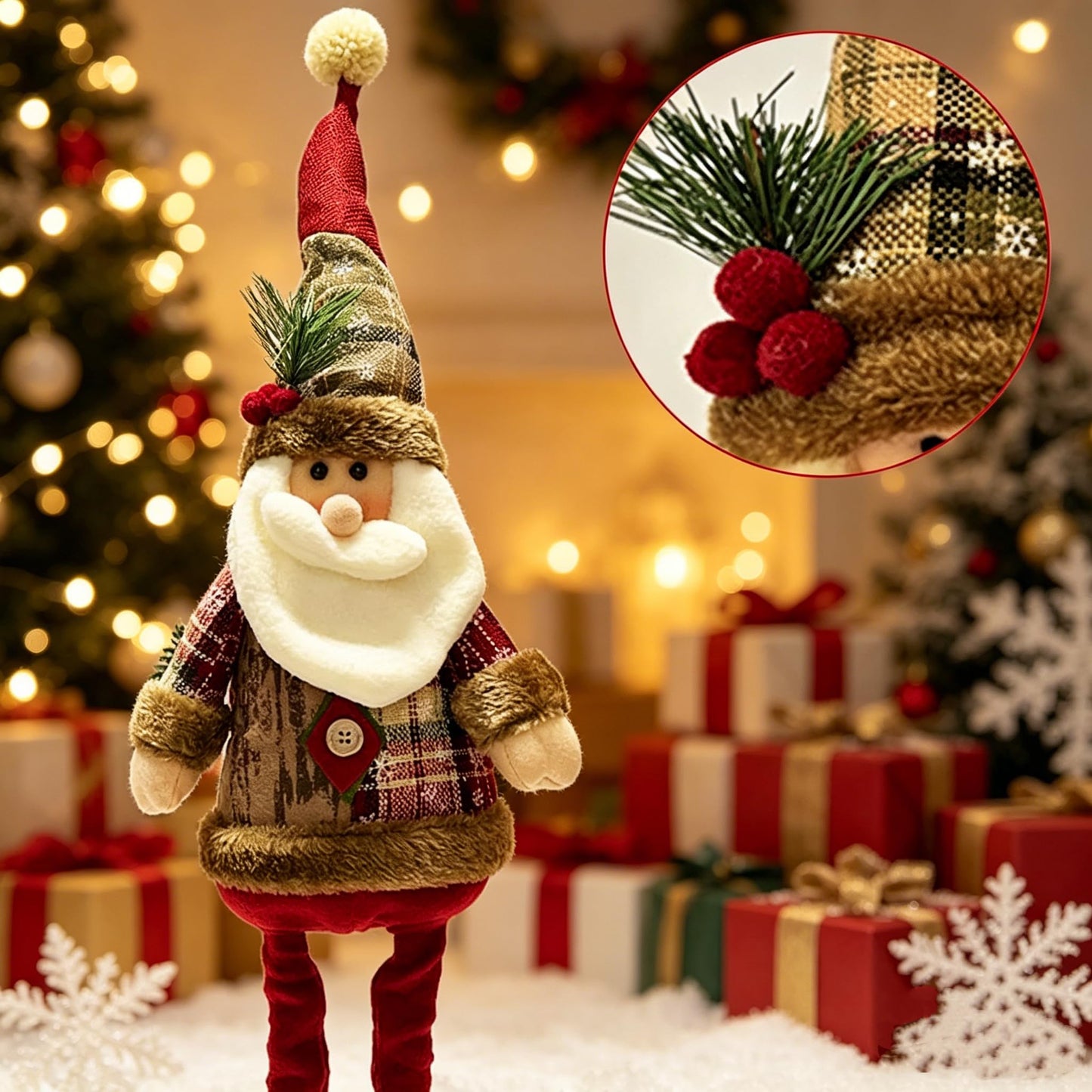 JoyParcel Christmas Standing Santa Figurine Plush Doll with Extendable Legs, Large Xmas Tabletop Shelf Mantel Home Decor, Indoor Holiday Decoration Gift