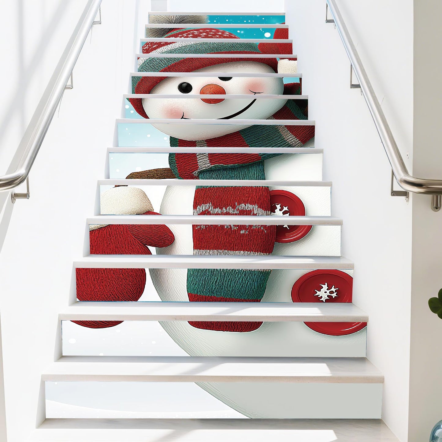 PLIGREAT 15 Strips Christmas Stair Decals, Cute Peel and Stick Stair Riser Stickers for Steps 7.1"x39"Self-Adhesive Vinyl Snowman Staircase Murals Decor for Home Hotel