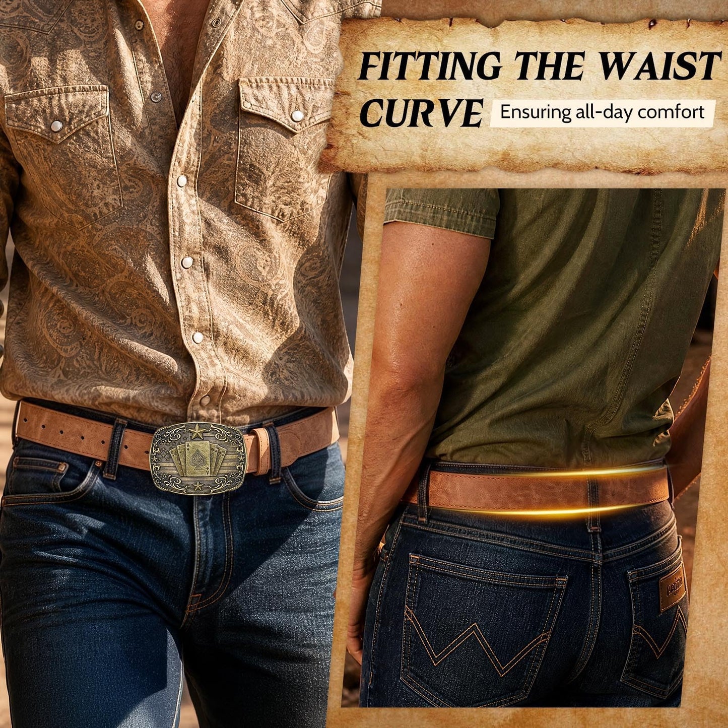 SANSTHS Cowboy Belts for Men Women - Western Belt and Buckle, PU-Leather Rodeo Cowgirl Belt for Jeans, Brown poker 1.5"