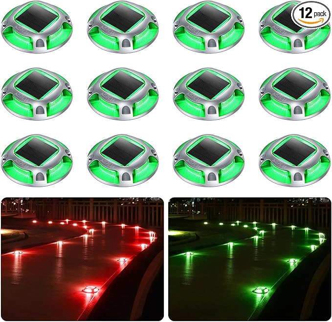 AGPTEK Solar Driveway Lights Outdoor 12 Pack, 2 Color Modes LED Deck Dock Marine Waterproof Security Marker Lights for Step Sidewalk Stair Garden Pathway Walkway Yard(Green/Red)
