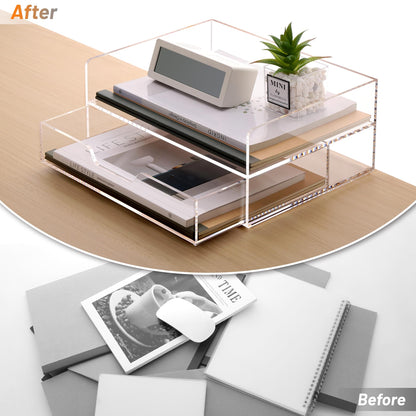 SANRUI 2-Tier Paper Letter Tray Organizer with Sliding Drawer,Stackable Desk Organizer,Acrylic Paper Tray for Office,Home or School,Clear