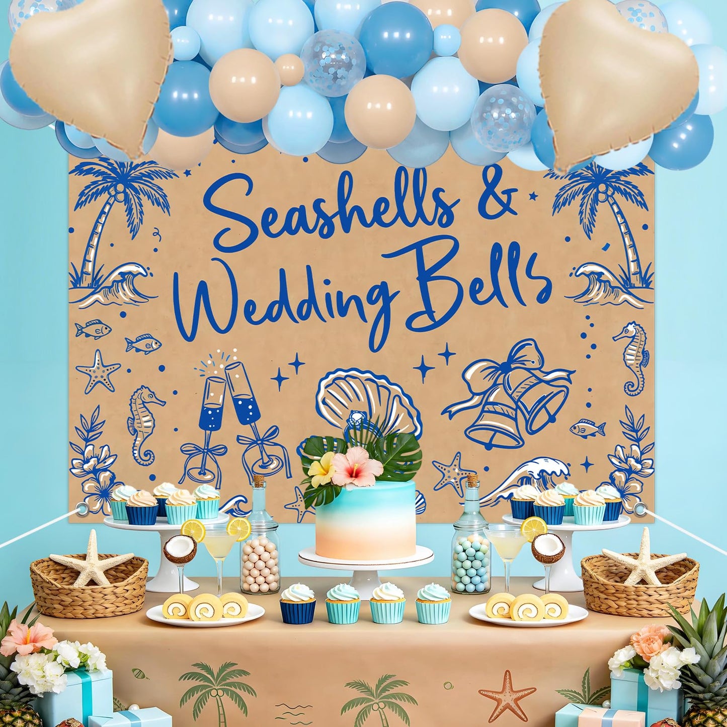 Fangleland Seashells and Wedding Bells Bachelorette Decorations, Coastal Beach Backdrop Balloon Arch Garland Kit Bride To Be Sash, Sea Shell Bridal Shower Engagement Party Supplies