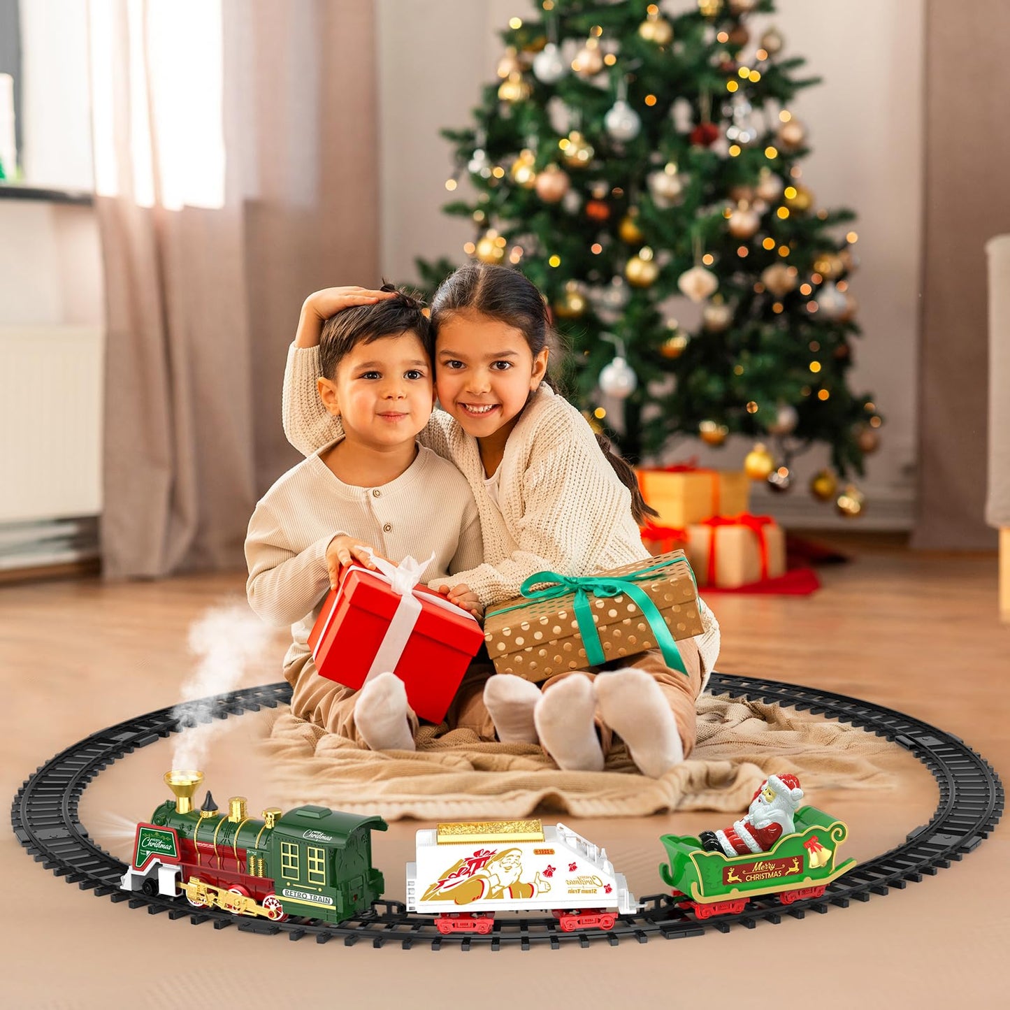 TERRAMUS Christmas Train Set - Hanging Train Toys with Smoke Light & Sound for Boys Girls,Train Set Around Under The Christmas Tree with Steam,Carriages Tracks for 3-12 Years Old Kids Decoration Gift