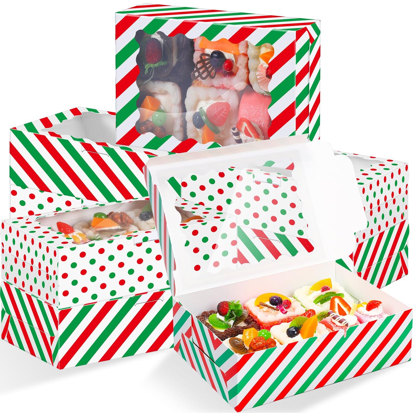 Gersoniel 24 Pcs Christmas Cookie Boxes with Window 8.6 x 6 x 2.5 Inch Bakery Xmas Treat Boxes for Gift Giving Red and Green Cupcake Candy Containers for Christmas Party Supplies (Stripe and Dot)