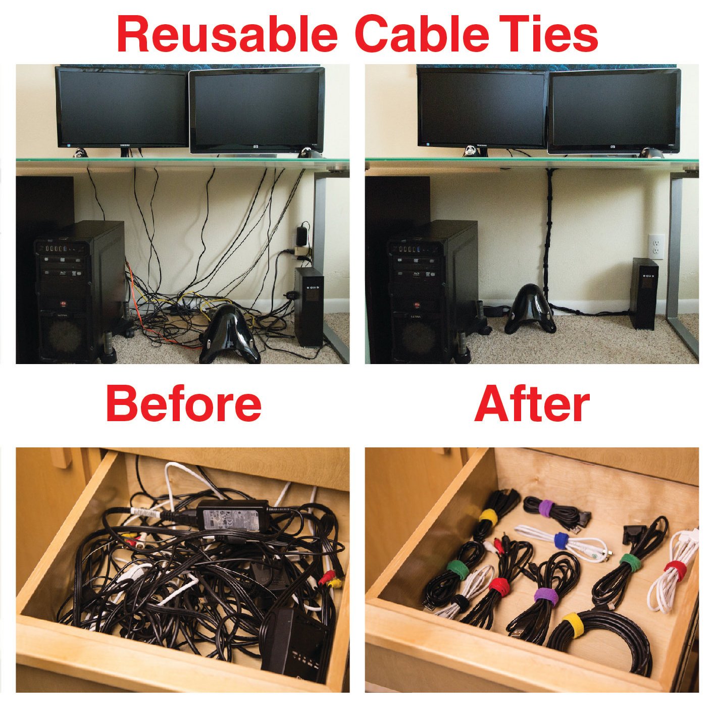 Desktop Cable Organizer, Weighted, No Bad Smell, Bundled with 4 Reusable Cable Ties (Black)