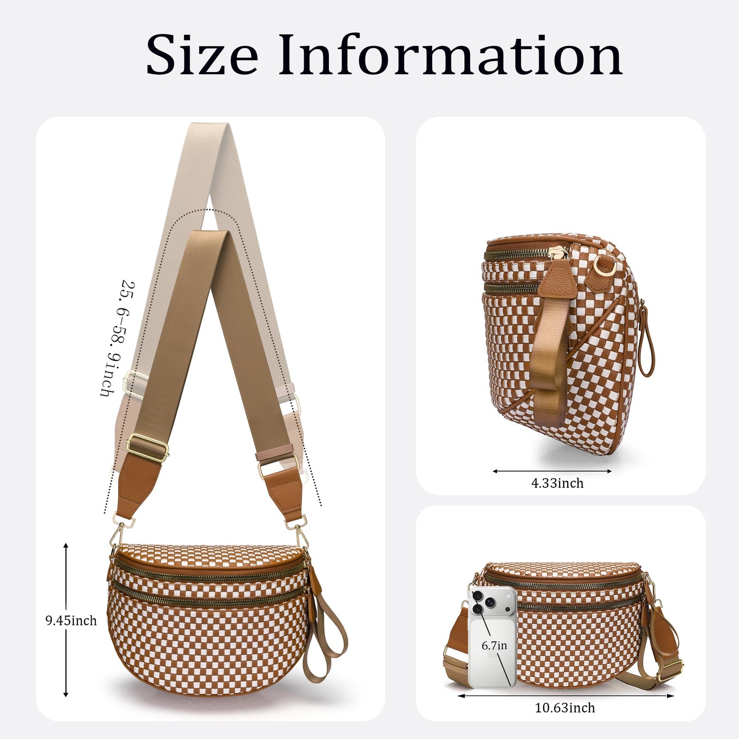 AMZFROG Checkered Woven Crossbody Bum Bags for Women Trendy Casual Chest Bag Sling Bags Genuine Leather Fanny Packs Adjustable Strap Large Shoulder Handags for Outdoor Travel Brown White