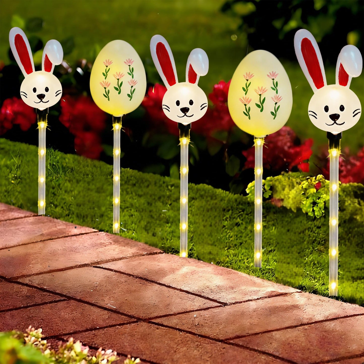 NAHIYELAS Solar Easter Pathway Lights - 5 Pack Bunny Egg Light Outdoor Solar Powered Path Lights with 8 Lighting Modes, Waterproof Garden Stake for Easter, Housewarming Gifts & Outdoor Decor