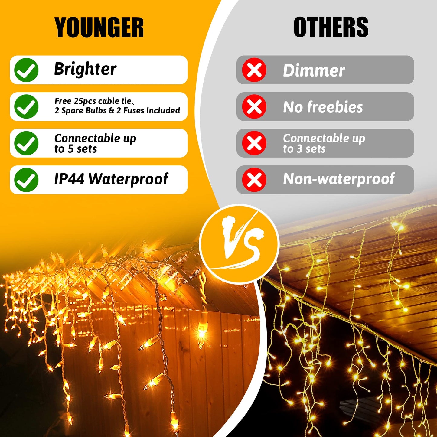 YOUNGAR Icicle Lights Outdoor, 23FT 200 Connectable Icicle Christmas Lights,Warm White Plug in Curtain String Lights for Indoor Wedding Party Holiday Xmas Yard Patio Window Decoration