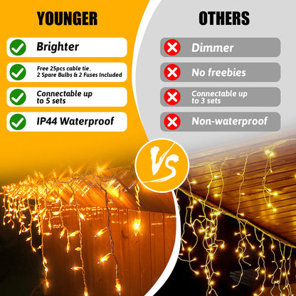 YOUNGAR Icicle Lights Outdoor, 23FT 200 Connectable Icicle Christmas Lights,Warm White Plug in Curtain String Lights for Indoor Wedding Party Holiday Xmas Yard Patio Window Decoration