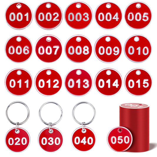 1-50 Numbered Key Tags, Round Metal Tags, Key Chain Labels, Key Tag for Home, Office and Garage, Dorm Keys, House Lockers (Red)