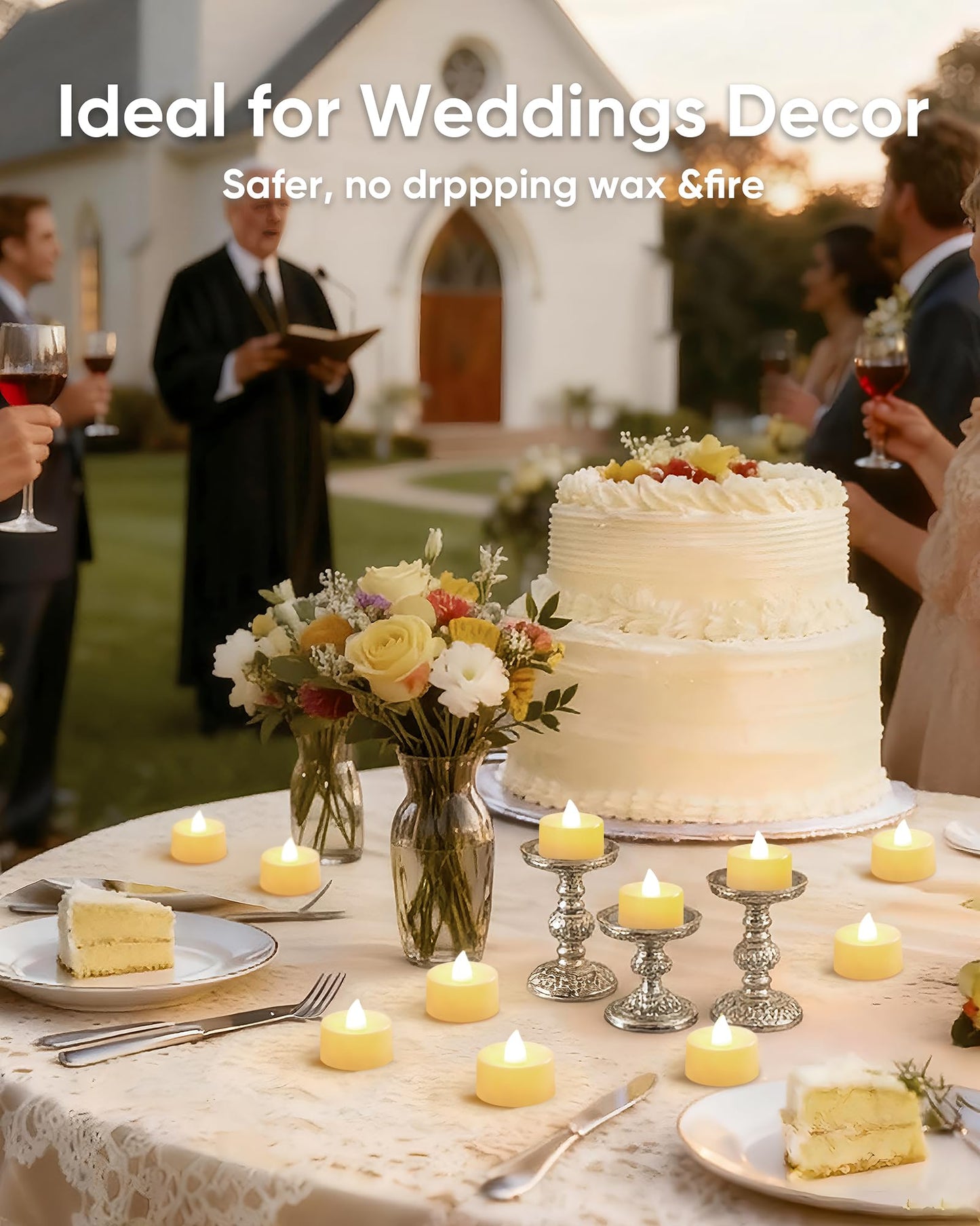 Amagic 100 Pcs Flickering Flameless Tea Lights Battery Operated, 200+ Hours Long Lasting Electric Candle for Wedding Table Centerpiece, Home Decor, Gift, Birthday, Halloween, Christmas, Ivory Base