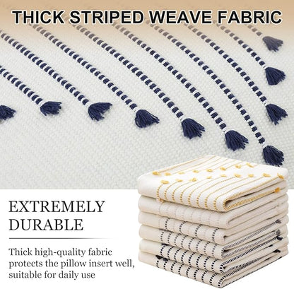 Mecatny Boho Outdoor Throw Pillow Covers 12X20 Set of 2, Farmhouse Lumbar Pillow Covers for Couch Sofa Living Room, Navy & Cream White