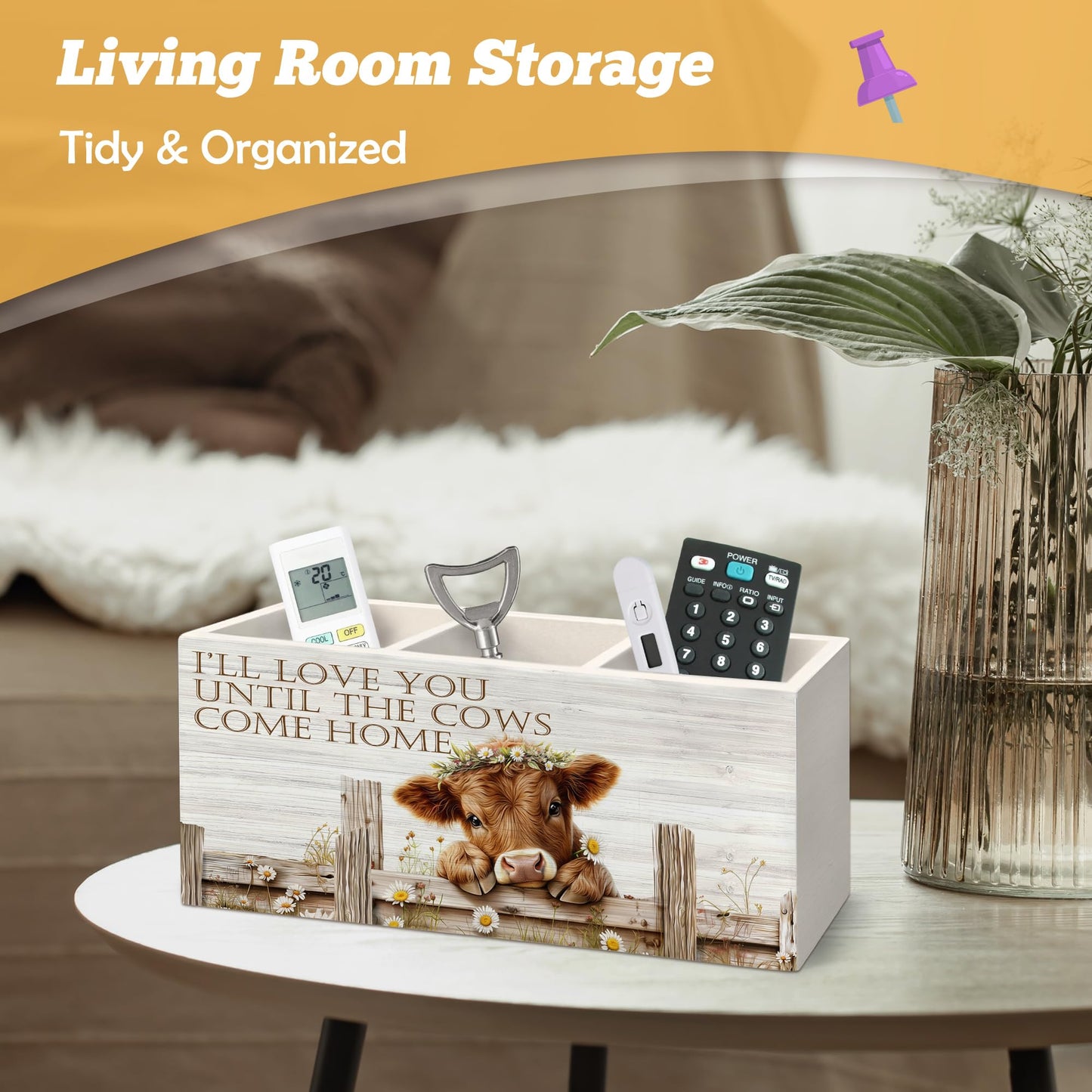 Yjeslw Highland Cow Pen Holder Organizer for Desk Accessories, I Will Love You Till the Cows Come Home Farmhouse Wooden Box Sign Desk Decorations for Home Bedroom Office Decor, Highland Cow Gifts