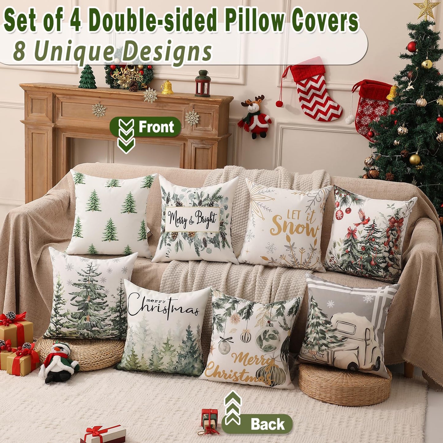multiwins Double-Sided Print Christmas Pillow Covers 18"x18" Set of 4, 8 Cute Christmas Patterns, Tree, Merry Christmas, Truck, Merry & Bright, Let It Snow, Etc, Perfect for Home Decor