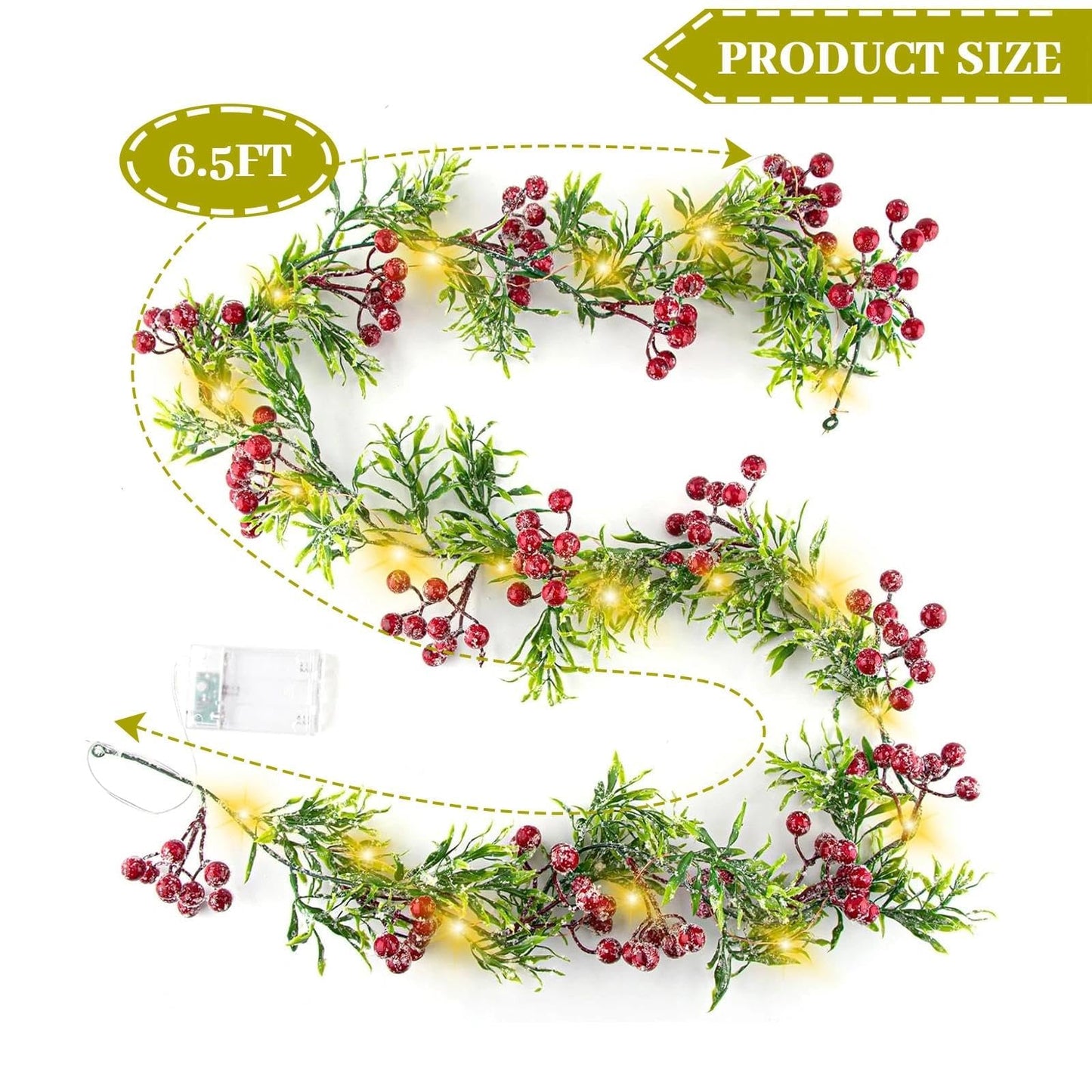Christmas Garland with Light,Lighted Snowy Red Berries Holly Leaves Garland for Fireplace Mantle Indoor Outdoor Christmas Decoration 6.5FT Pre-lit Battery Operated Xmas String Lights 2 Pack