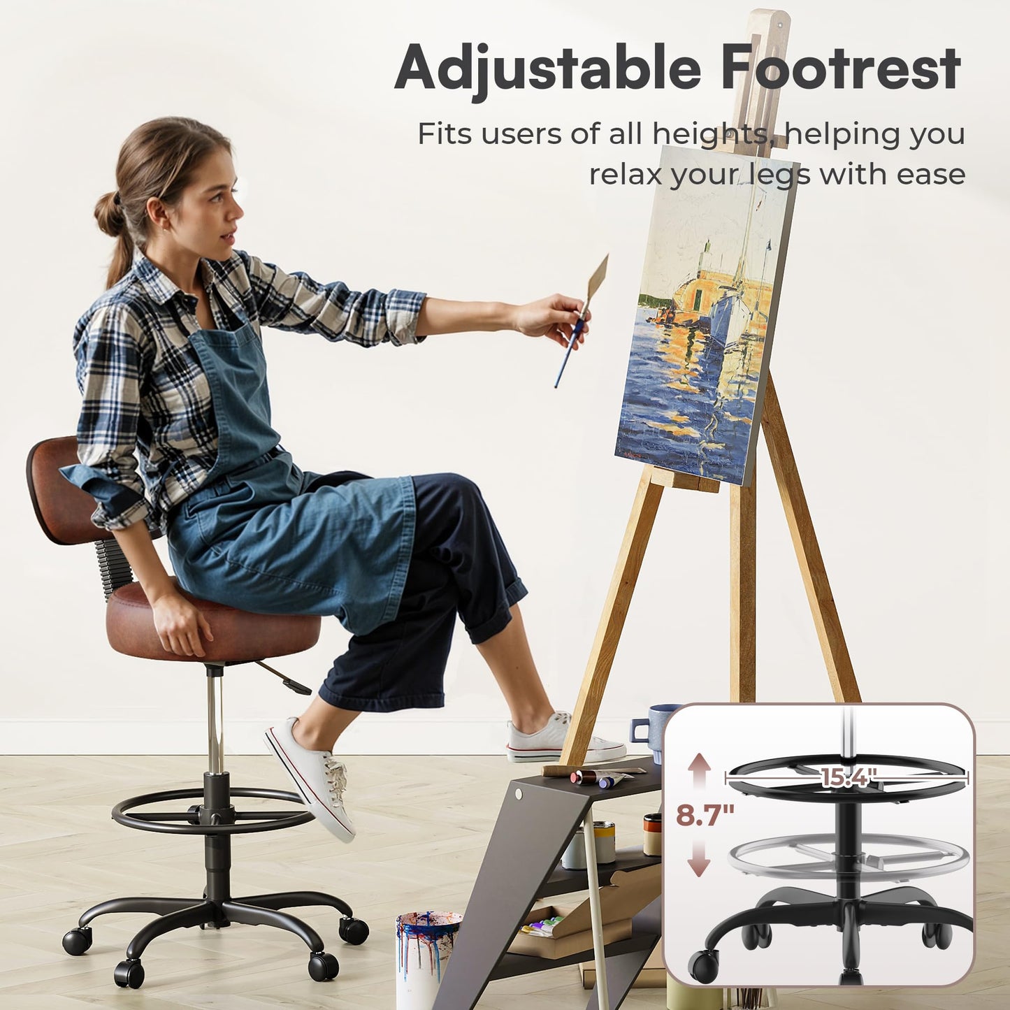 SUPERJARE Drafting Chair with Back, Adjustable Foot Rest Rolling Stool, Multi-Purpose Office Desk Chair, Thick Seat Cushion for Home Bar Kitchen Shop - Rustic Brown