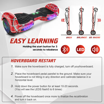 EMAXUSA, Spider-Pattern Hover Board for Kids Ages 6-12, with Bluetooth Speaker and LED Lights 6.5" Hover Board, UL2272 Safety Certified (Red)