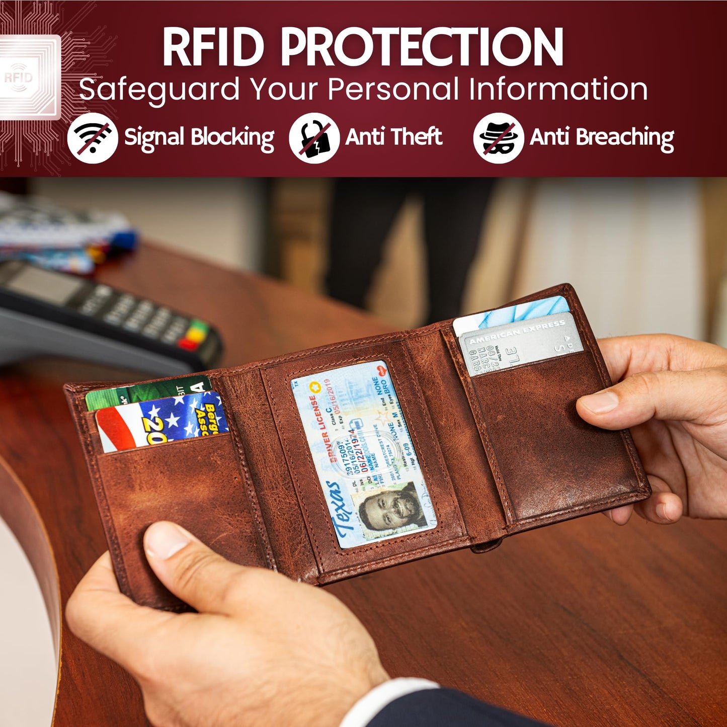 BULL GUARD Best Leather Men's RFID Trifold Wallet With ID Great Outdoor Wallet Durable Top Grain Leather Forest Brown, Double Cash Comparment with Secret Pocket, Compact & Secure Design, In Gift Box