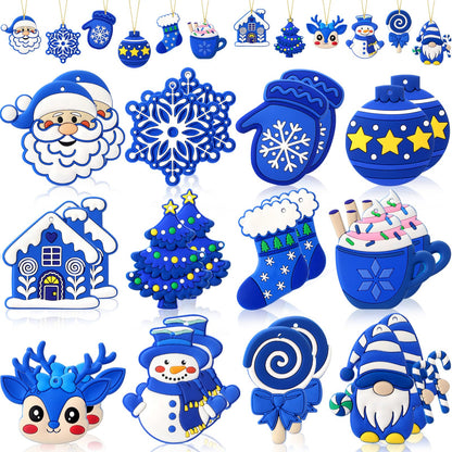 Lunmon 24 Pcs Blue Winter Ornaments PVC Snowman Tree Ornaments Gingerbread House Gnomes Ornament Blue Winter Decorations for Xmas Tree Party Holiday Decor