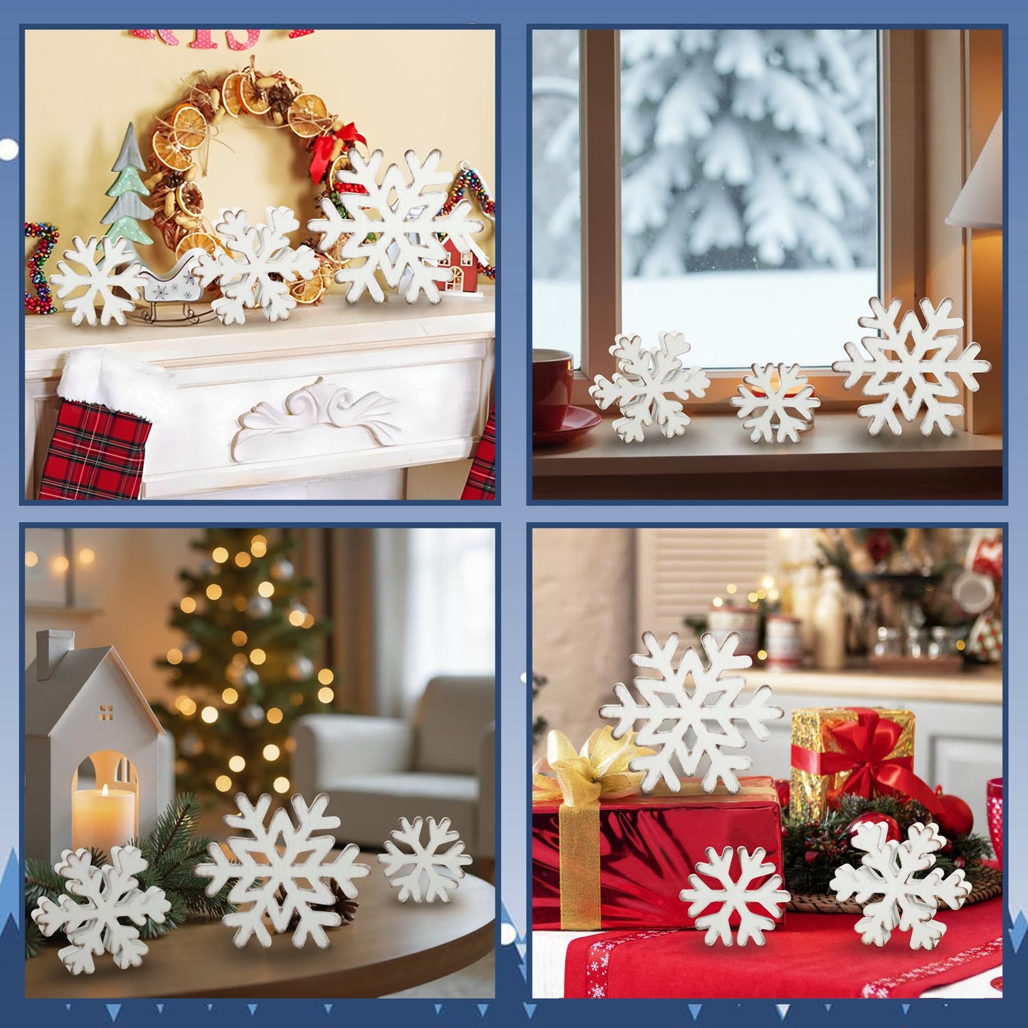 3 Pcs Winter Snowflake Wooden Table Sign Christmas Snowflake Wood Blocks Centerpiece Rustic Farmhouse White Snowflakes Tabletop Decorations for Winter Xmas Wonderland Tiered Tray Home Shelf Decor
