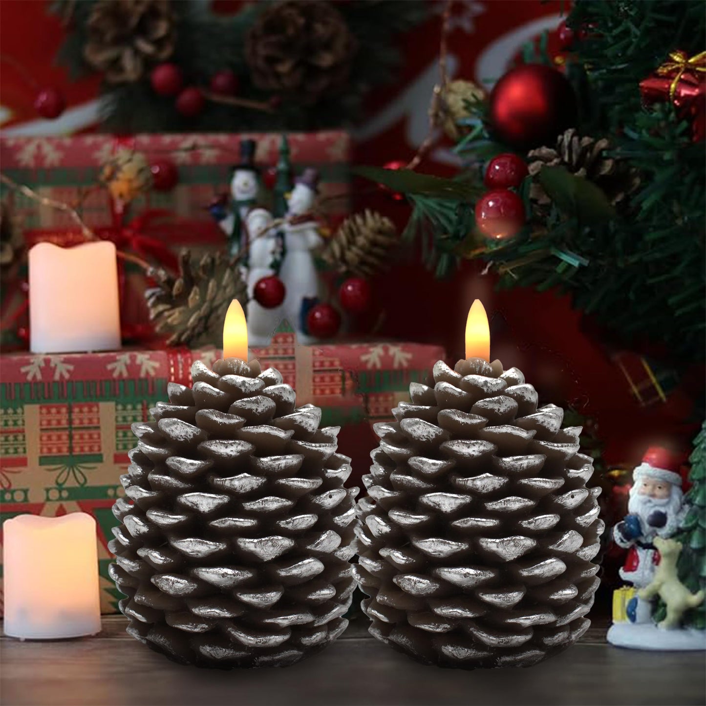 CVHOMEDECO. Pine Cone Candles Battery Operated Pinecones with Remote and Timer, Pine Cones Candle LED Flameless Flickering Candles for Fall, Christmas Decor. Silver-Brown, H 4.8 Inch, Pack of 2