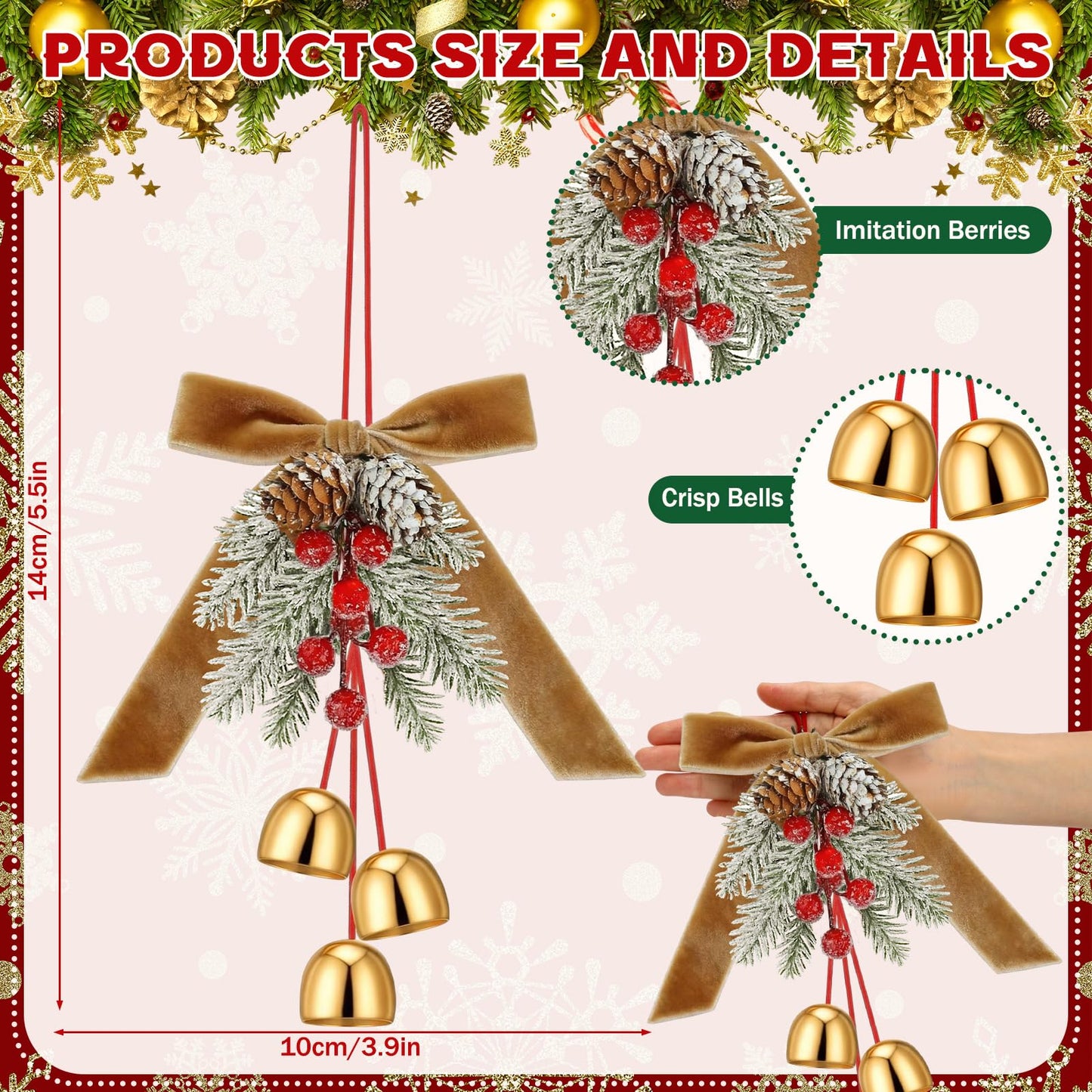 2 Pcs Christmas Jingle Bell with Neutral Velvet Ribbon Bows and Pine Cone Hanging Ornament Christmas Door Knob Hangers Tree Topper Wall Wreath Decoration for Cabinet Door Handle Knob Party Decor