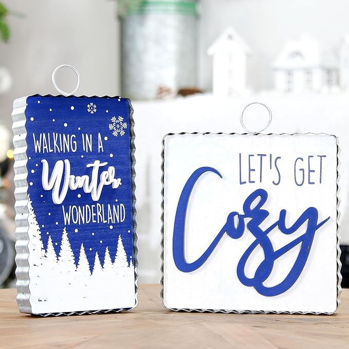 AuldHome Design Reversible Christmas/Winter Sign Set (2-Piece Set w/ 4 Designs); Holiday and Seasonal Block Signs w/ Rustic Farmhouse Galvanized Frames