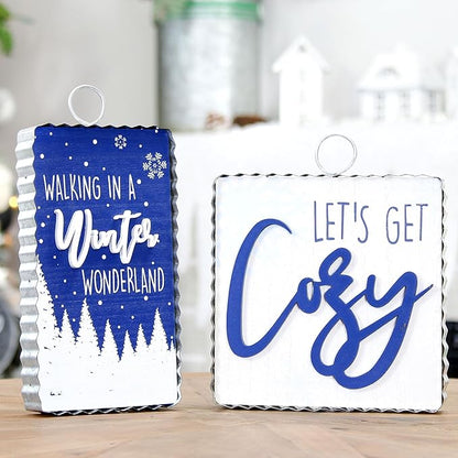 AuldHome Design Reversible Christmas/Winter Sign Set (2-Piece Set w/ 4 Designs); Holiday and Seasonal Block Signs w/ Rustic Farmhouse Galvanized Frames