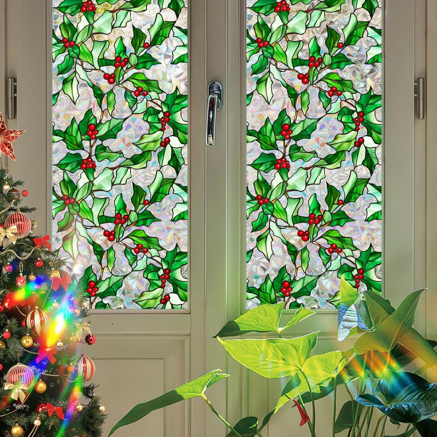 Christmas Window Film Christmas Green Window Clings DIY Glass Art Decoration Xmas Red Berry Designs Privacy Film Stained Glass Window Film Windows Sticker for Holiday Bedroom Door Decor