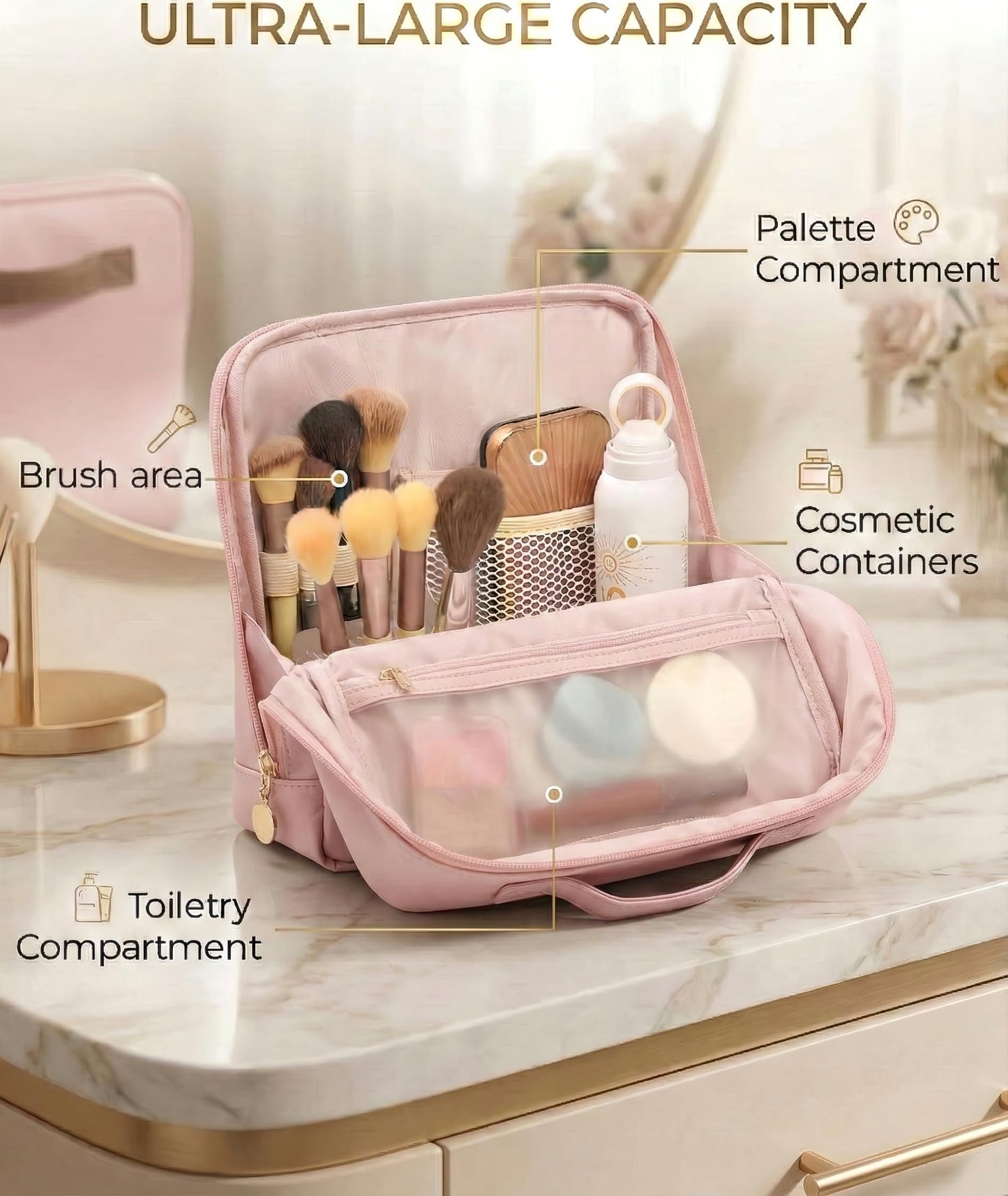 Lucatherine Large Standing Makeup Bag, Sturdy PU Leather Cosmetic Organizer with Fold-Down Phone Tray, Waterproof Travel Toiletry Case with Wipeable TPU Brush Holder, 9.5 Inch, Pink