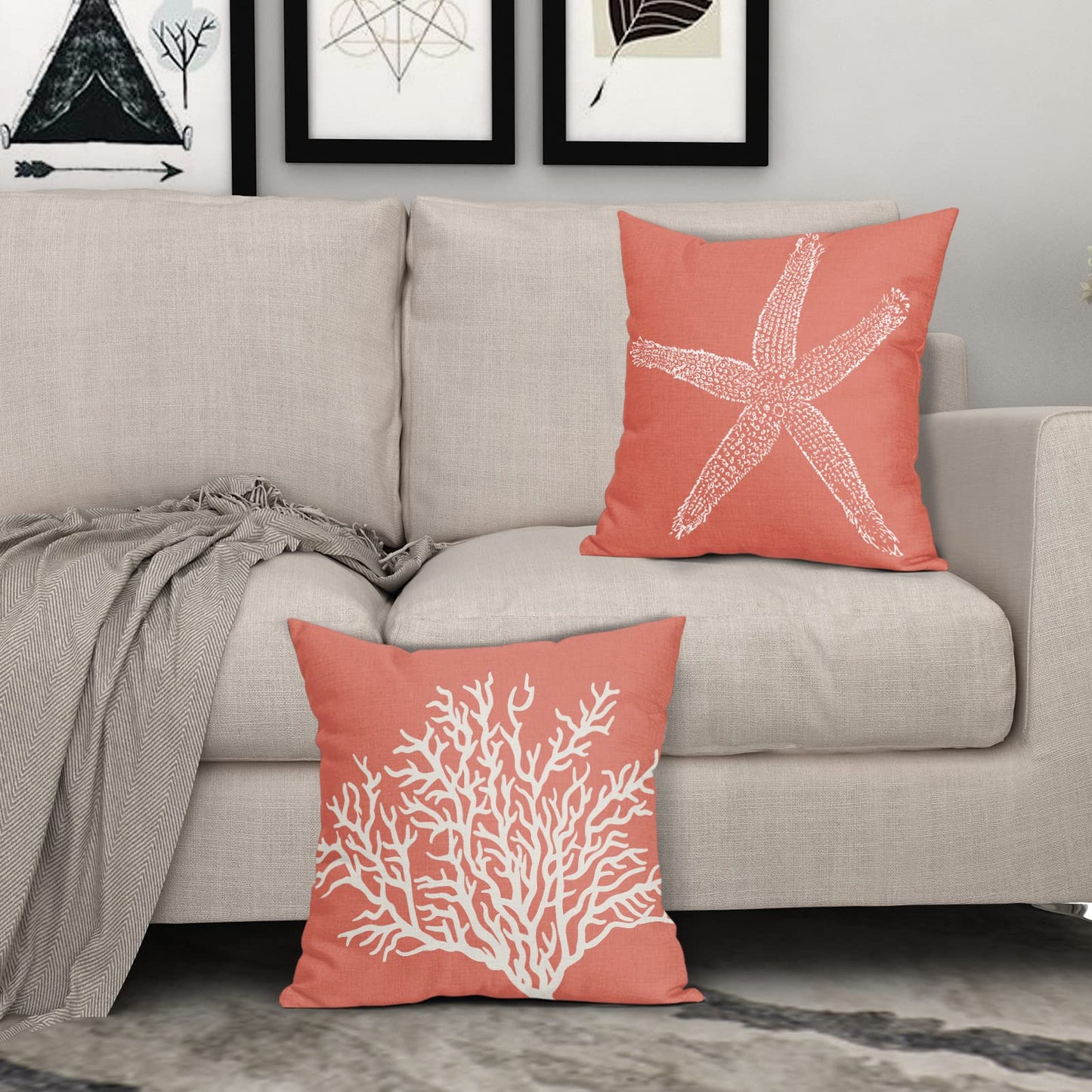Coastal Coral Throw Pillow Covers 20x20 Inch Set of 2 Starfish Beach Nautical Pillow Covers Summer Farmhouse Pillowscase Linen Square Cushion Covers for Sofa Couch Bedroom Living Room Home Decoration