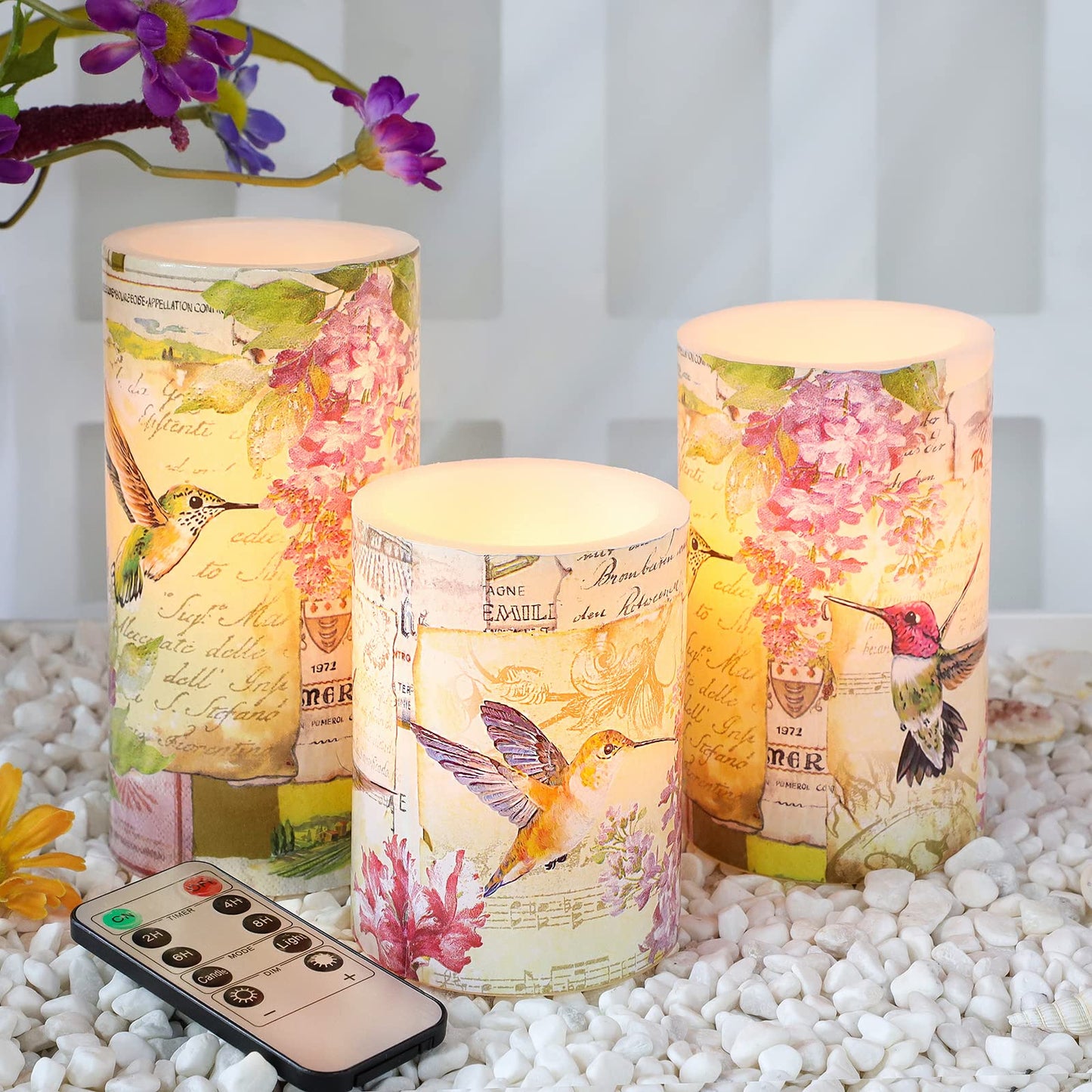 Immeiscent Flameless Candles Pink Hummingbird Floral Battery Operated Remote Timer Flickering LED Real Wax Pillar Candle Warm Light Spring Summer Decor for Home Fireplace Christmas Holiday Gifts