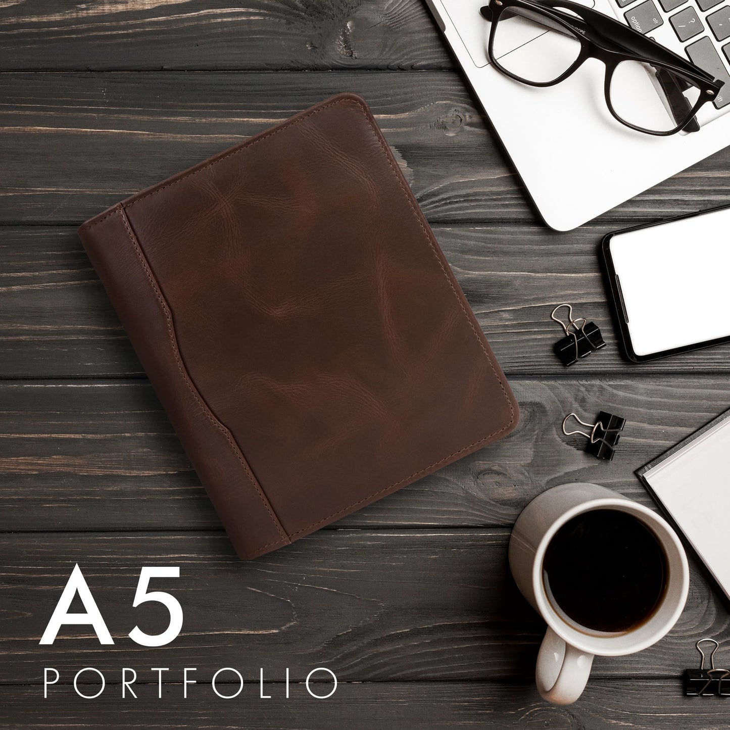 ELIZO Leather A5 Portfolio Padfolio Folio A5 Notebook Journal Cover Planner Binder Small Mens Business Work Folder Organizer (Buff)