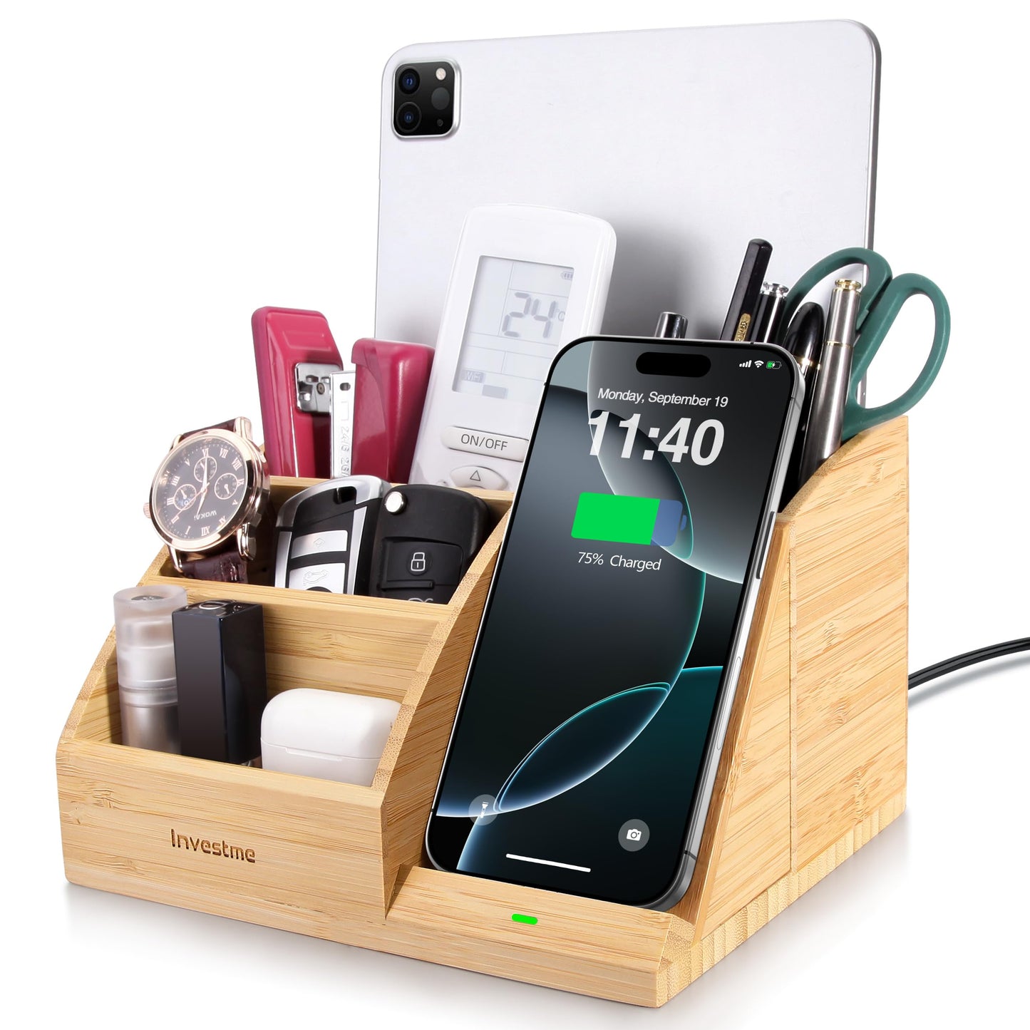 Bamboo Pen Holder with Wireless Charger, Desk Organizer with 5 Compartments for Home Office Supplies Compatible with iPhone & Samsung Series