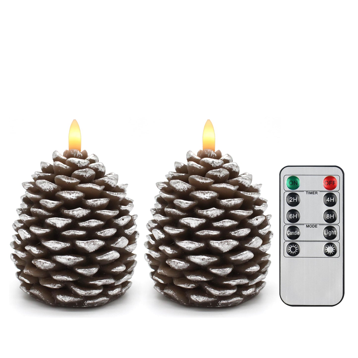CVHOMEDECO. Pine Cone Candles Battery Operated Pinecones with Remote and Timer, Pine Cones Candle LED Flameless Flickering Candles for Fall, Christmas Decor. Silver-Brown, H 4.8 Inch, Pack of 2
