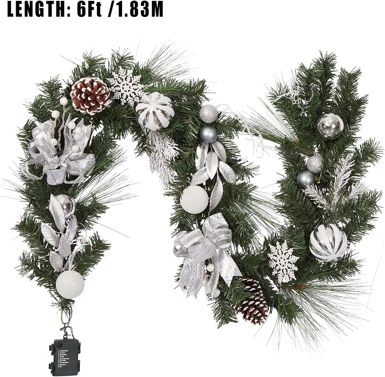 LinTimes Christmas Garland with 20 LED Lights, 6 FT Pre-lit Silver White Xmas Garland with Bow-Knot Ball Ornaments, Battery Operated Garland with Timer for Mantle Staircase Table Decoration