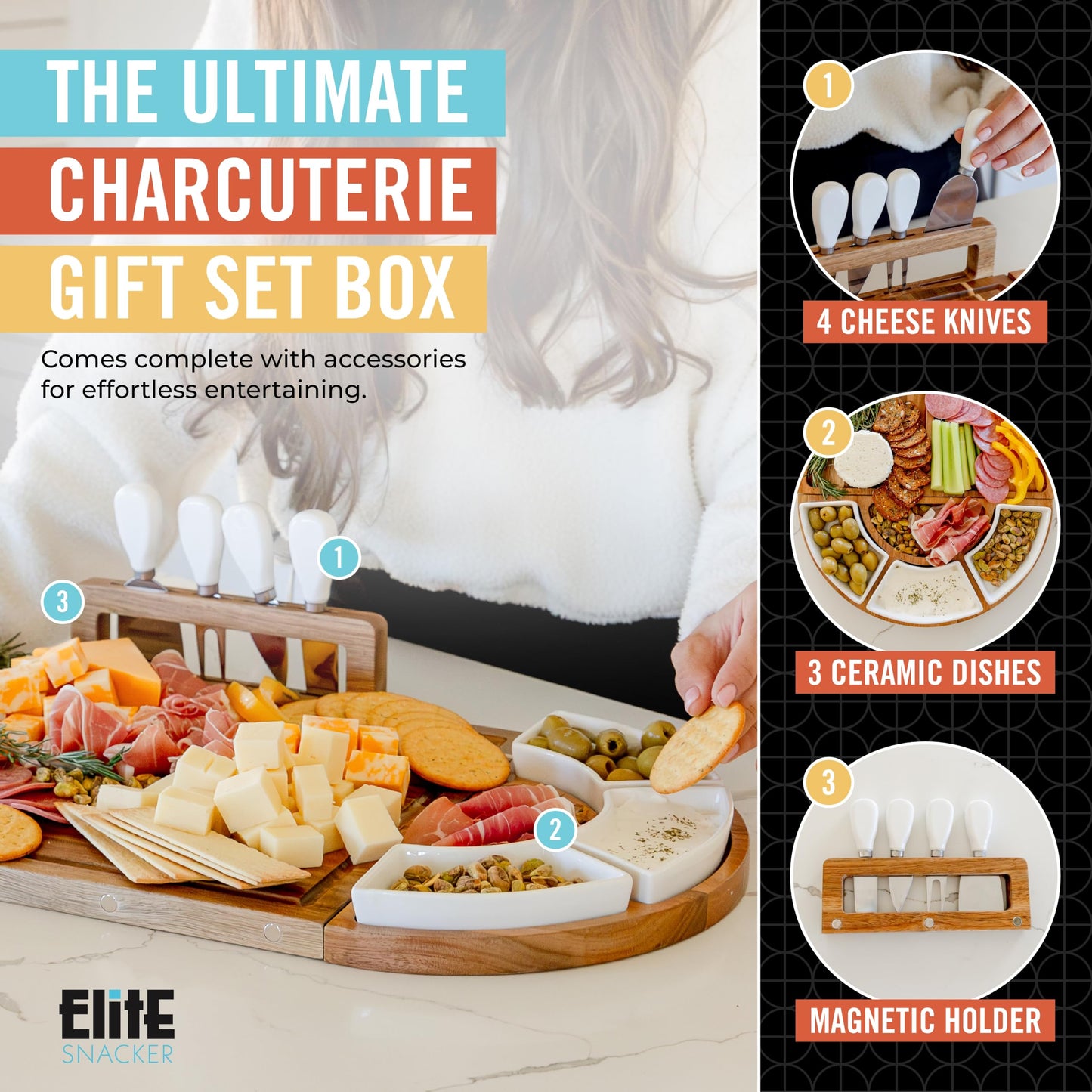 Large Wooden Charcuterie Board Set (Premium Finish) - 3-Piece Magnetic Long Serving Board Tray with Charcuterie Accessories - Acacia Wood Cheese Platter with Cheese Knife Set & Dishes - Brown