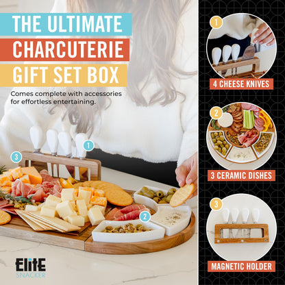Large Wooden Charcuterie Board Set (Premium Finish) - 3-Piece Magnetic Long Serving Board Tray with Charcuterie Accessories - Acacia Wood Cheese Platter with Cheese Knife Set & Dishes - Brown