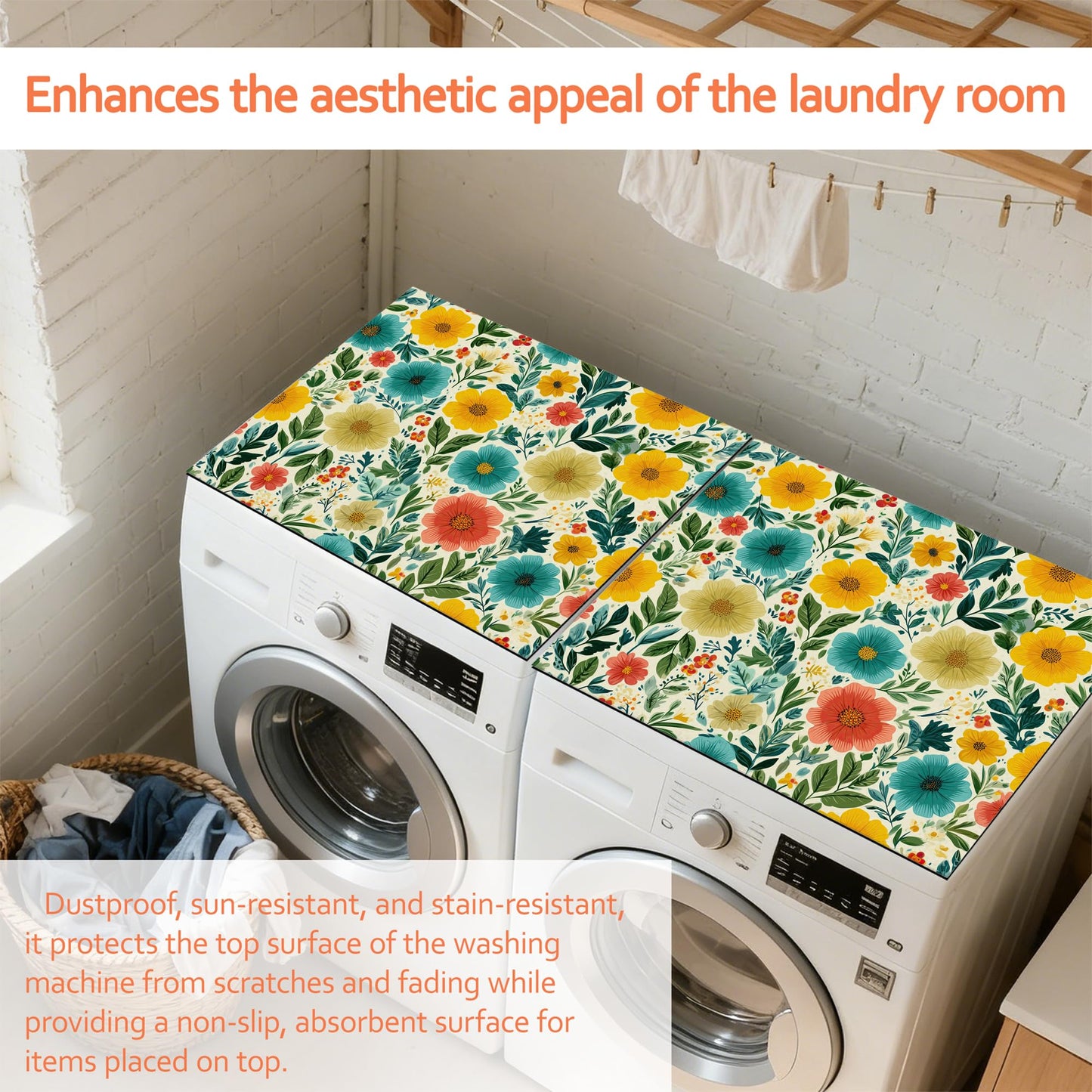 Cute Flowers Leaves Washer and Dryer Covers for the Top,Washing Machine Dust Cover Pad Anti-slip Absorbent Protector Mat for Washer Dryer Home Decor,23.6"x19.7"