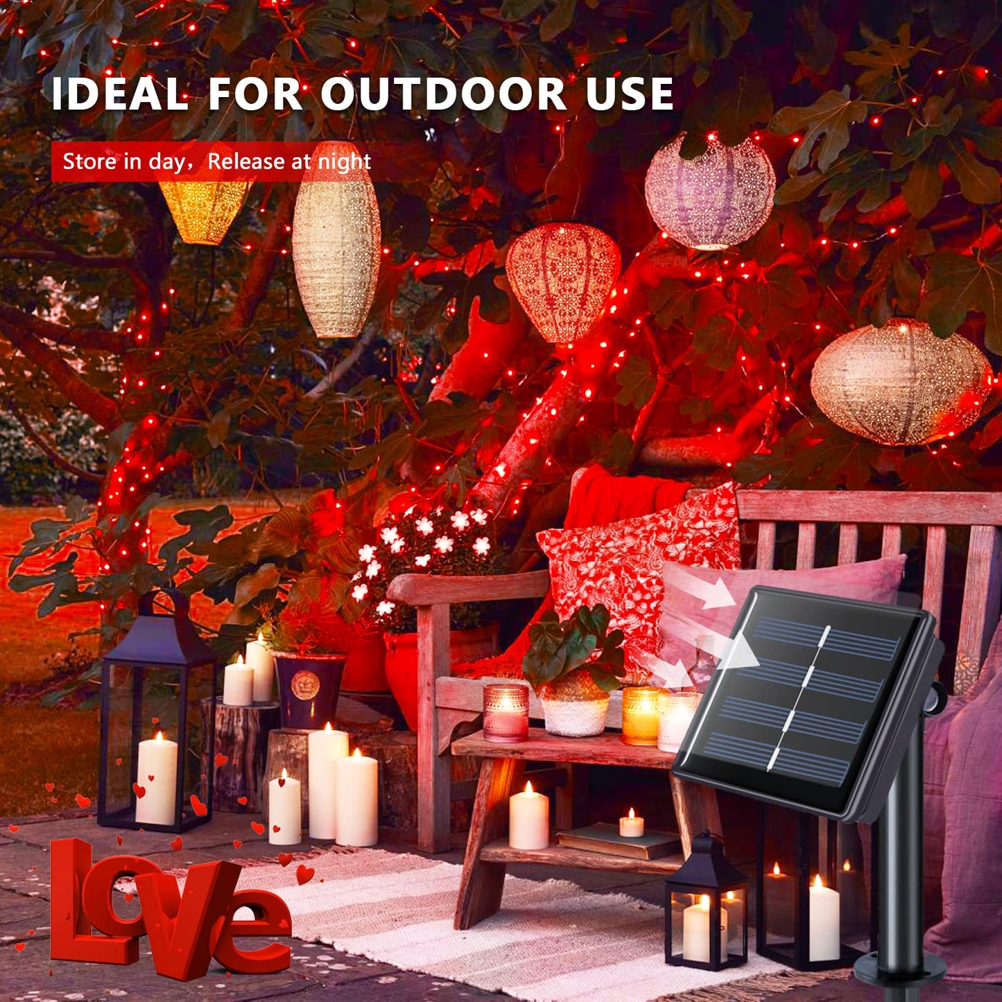 JMEXSUSS 4 Pack 400 LED 132FT Red Solar Fairy Lights Outdoor Waterproof, 8 Modes Copper Wire Solar String Lights for Outside Patio Garden Christmas Decorations