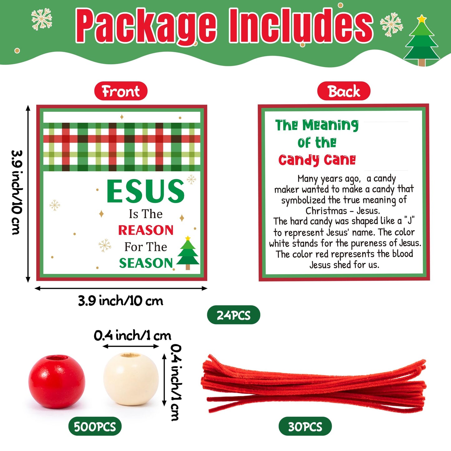 BeYumi Candy Cane Ornament Kit - 24Pcs Christmas Jesus Beaded Craft Kit DIY Religious Christian Hanging Ornaments with Gift Card Xmas Tree Wooden Beads Gift Church Sunday School Classroom Party Decor