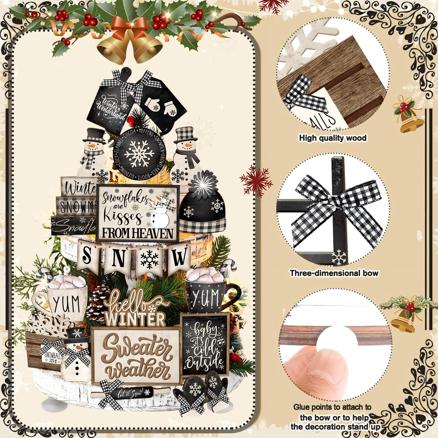 CroBlissful 23 Pcs Christmas Winter Tiered Tray Decor Snowman Farmhouse Decor Winter Tiered Table Centerpieces Wood Blocks Signs for Home Shelf, Without Tray(Black, White,Snow)