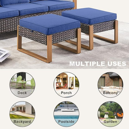 Rilyson Outdoor Ottoman Wicker Patio Footrest - 2 Piece Wicker Footrest Footstools Set with Sturdy Frame,All-Weather PE Wicker, Thick Cushions for Deck Porch Garden(Brown/Blue)