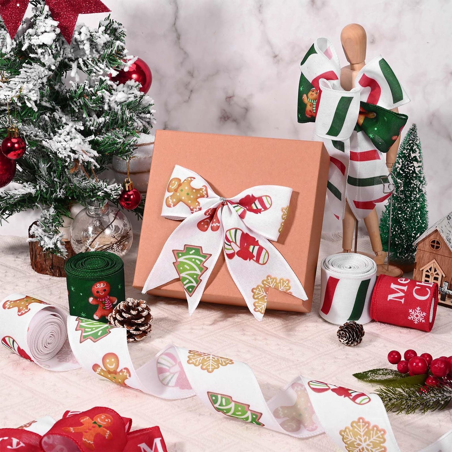 Gingerbread Christmas Wired Ribbons - 20 Yards, 2.5 Inch, Candy Cane, Gift Wrapping, DIY Bows & Wreath Decorations