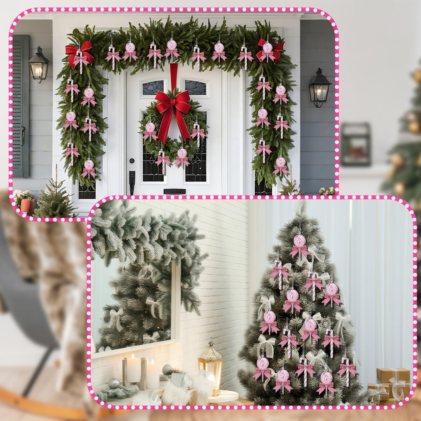 Pinkunn 30 Set Christmas Candy Cane Ornament with Bow Peppermint Candy Cane Christmas Tree Decoration Plastic Lollipop and Bow Hanging Ornaments for Xmas Tree Wreaths Holiday Decorations(Pink)