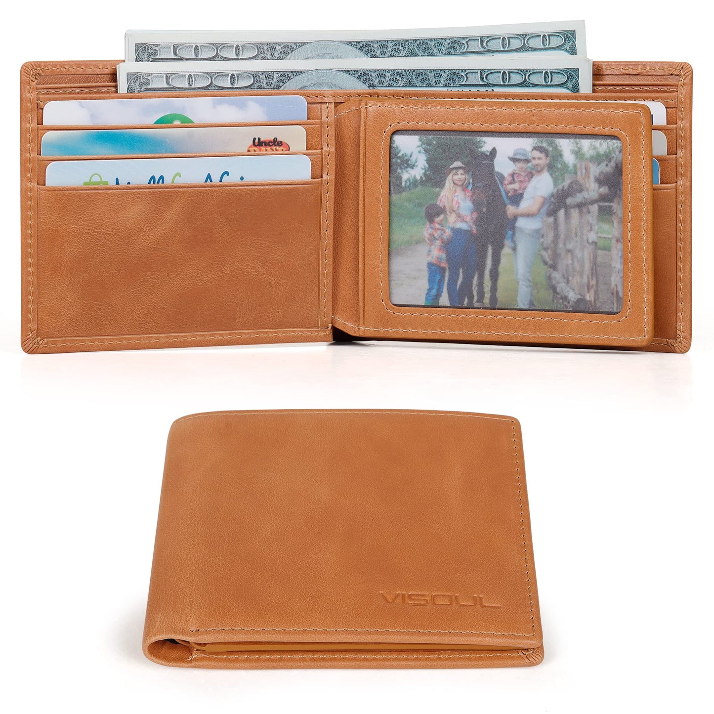 VISOUL Leather Mens Bifold RFID Blocking Wallet with 2 ID Windows, Leather Wallet for Men (Leather, Tan)